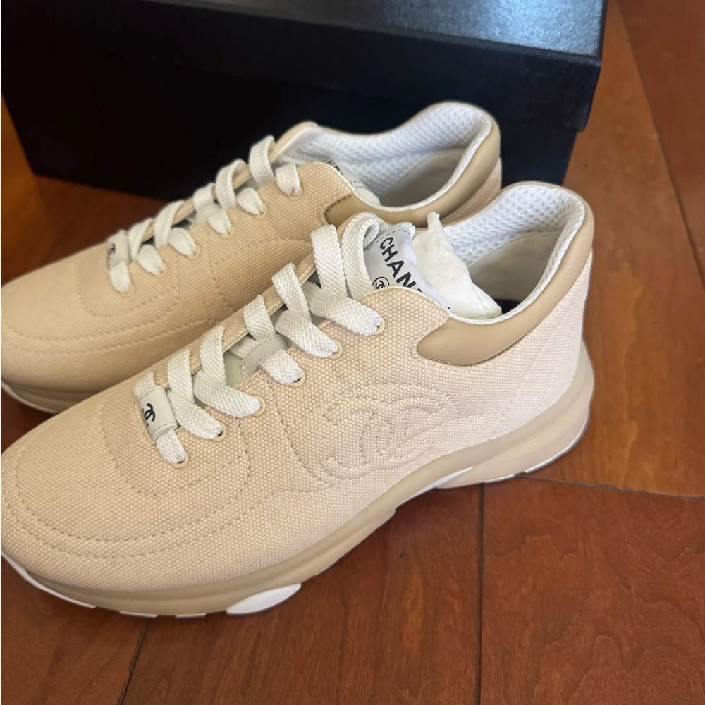 CHANEL Cream Canvas Sneakers with White Accents